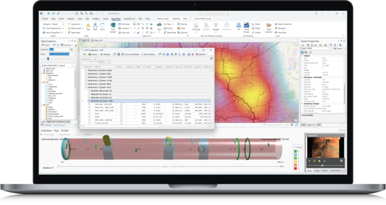 A laptop displaying the AquaTwin Asset workspace inside ArcGIS Pro, showing an infrastructure asset condition assessment matrix map and a risk-based capital planning dashboard.