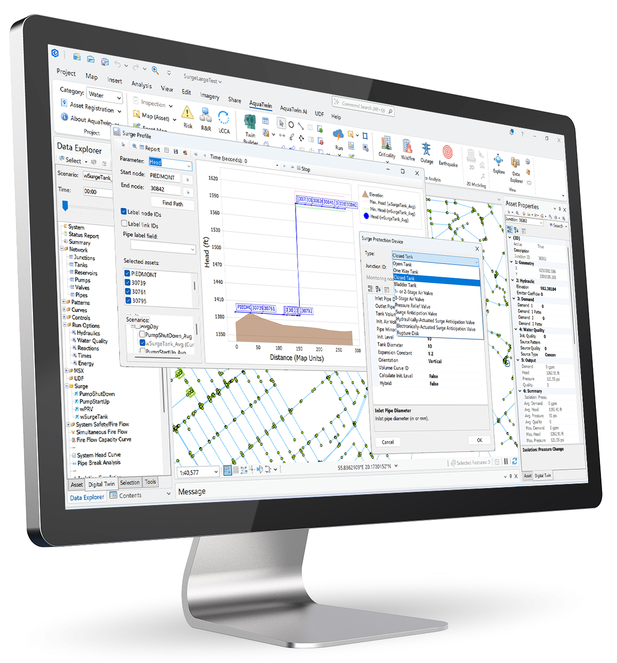 AquaTwin Surge transient surge analysis interface, including a HGL profile graph and surge protection device settings.