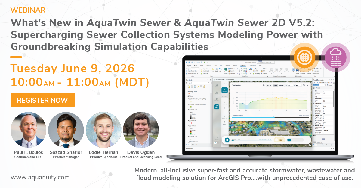 AquaTwin Sewer and Sewer 2D V5.2 webinar promo featuring upcoming simulation features and release details.