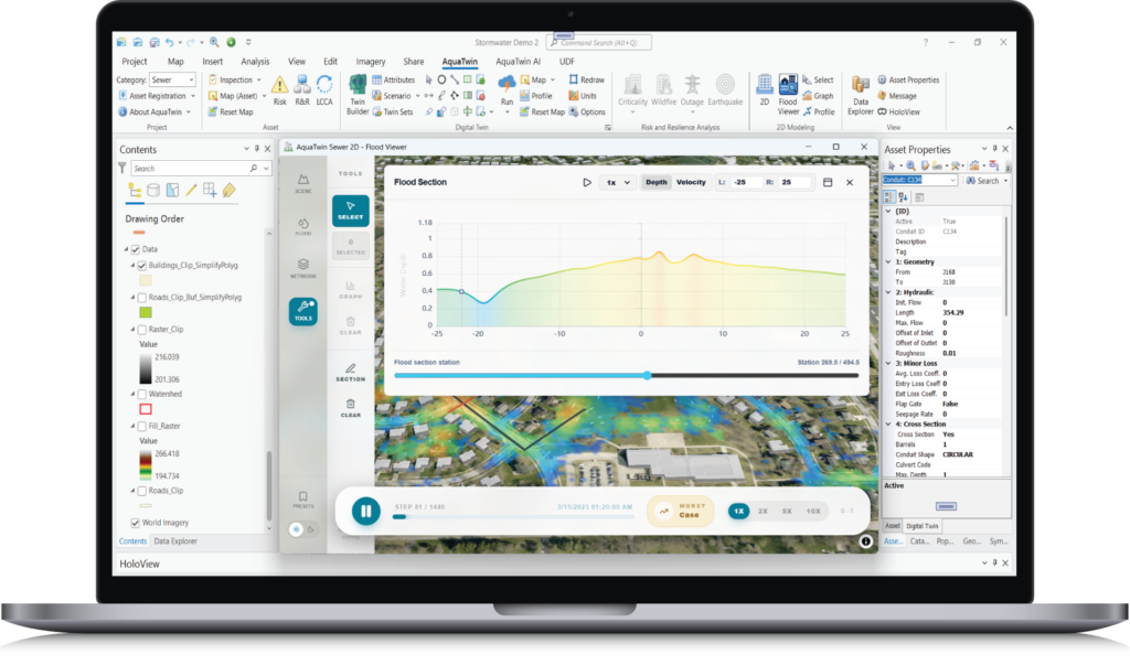 AquaTwin Sewer 2D flood viewer interface displaying surface water inundation mapping and dynamic flood risk analysis.
