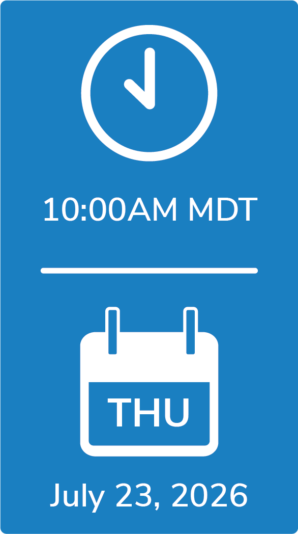 A blue graphic icon block showing a clock at 10:00 AM MDT, separated by a white horizontal line from a calendar icon marking Thursday, July 23, 2026.