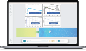 AquaTwin Sewer 2D interface showing a hydraulic modeling graph comparing flow analytics against industry standards for the UK Environment Agency benchmark test cases.