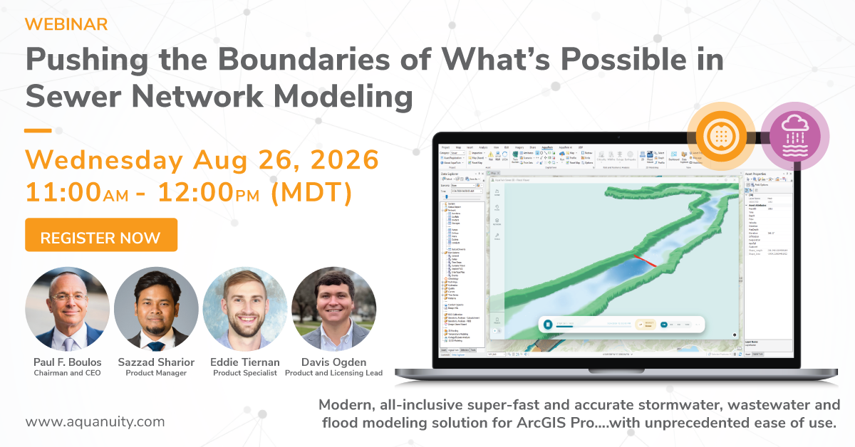 Webinar banner for Pushing the Boundaries of What's Possible in Sewer Network Modeling, scheduled for Wednesday, August 26, 2026, presented by Aquanuity.