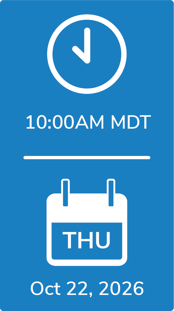 A blue graphic icon block showing a clock at 10:00 AM MDT, separated by a white horizontal line from a calendar icon marking Thursday, October 22, 2026.